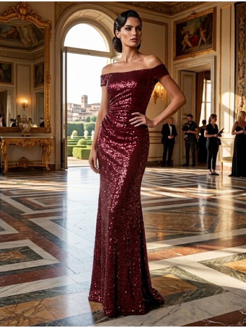 Badgley Mischka Burgundy Off The Shoulder Sequin Formal Wedding Long Dress 2